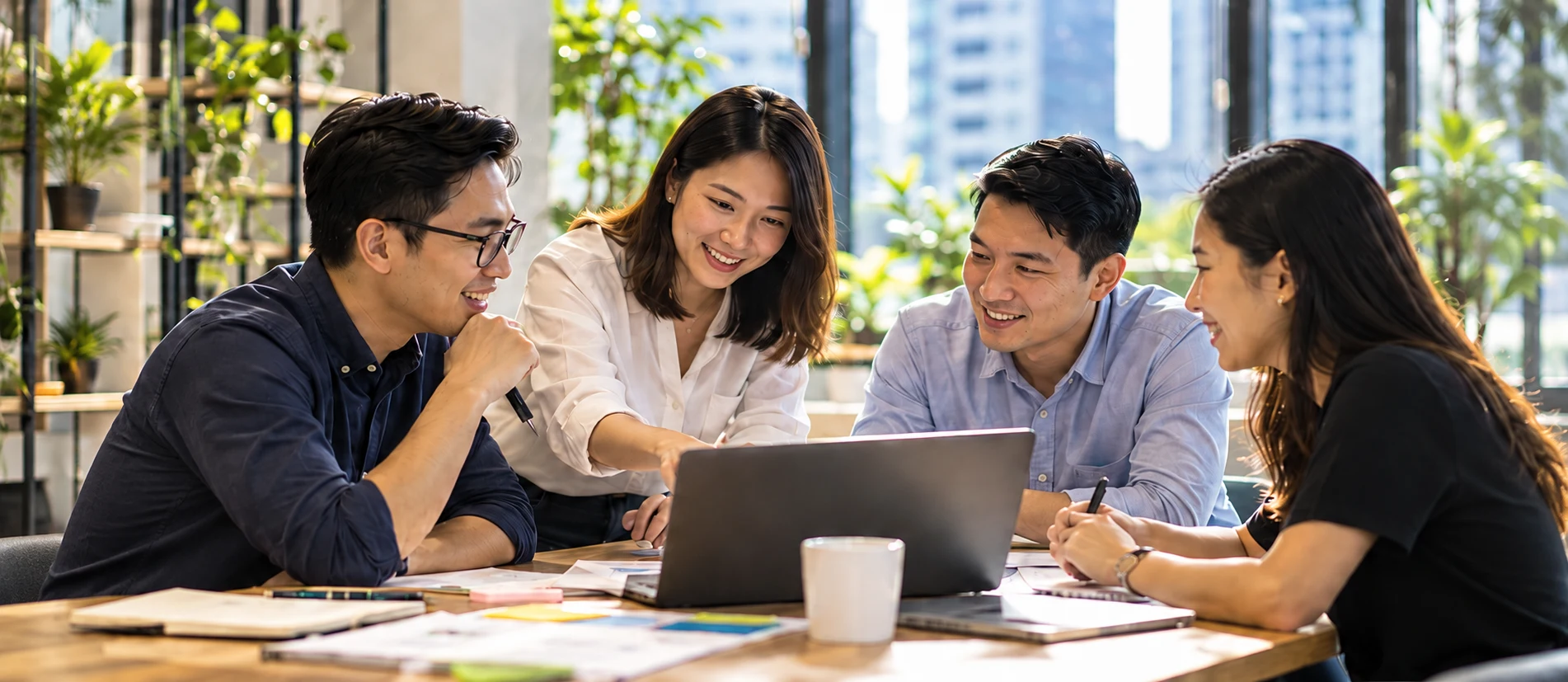 AI-generated illustration of four business professionals discussing a workflow around a laptop in a bright office.